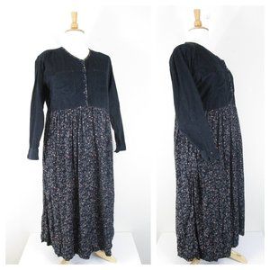 SOLDPlus Size Modest Black Corduroy Velvet Floral Long Maxi Shirt Dress 2X
